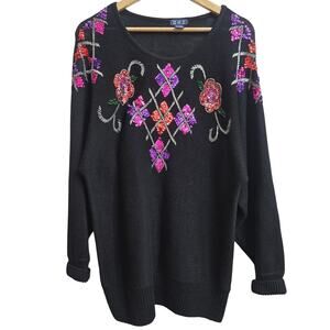 OHI Womens Vtg 90s Dopamine Glam Black Floral Sequins Oversized Knit Sweater L